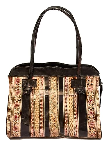 Indiecrafts Handcrafted Leather Block Printed Shantiniketan Shoulder Bag