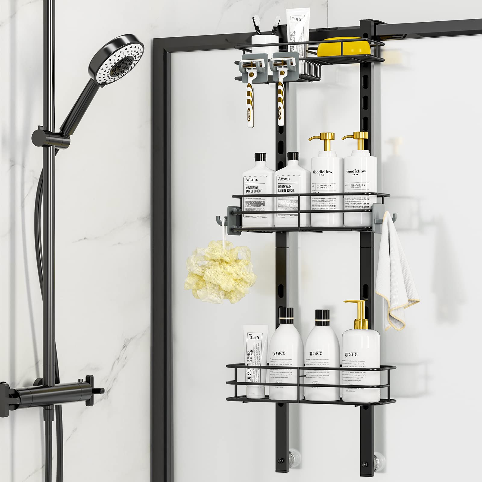 Photo 1 of ODesign Over The Door Shower Caddy, 3-Tier Adjustable Hanging Shower Caddy with Soap Holder & 4 Hooks, Rustproof Bathroom Shower Organizer with Suction Cup, Shower Rack for Shampoo Razor - Black