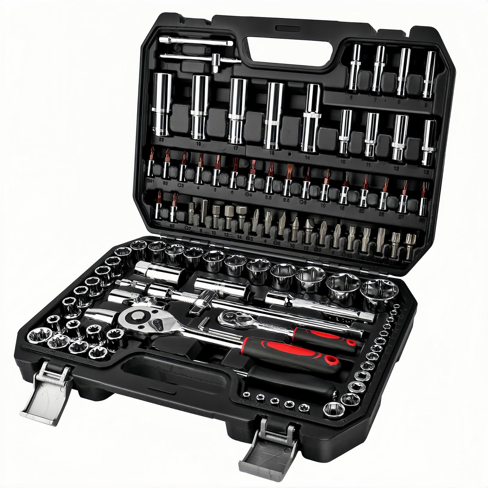 HUIYOPU 108-Piece Socket Set,1/4" &1/2" Drive Ratchet with Bits, Quick Release Ratchet Wrench - CR-V Mechanic Tool Set for Home Repairs, Workshops, Car Bicycle Repair, DIY, Engineering Studies