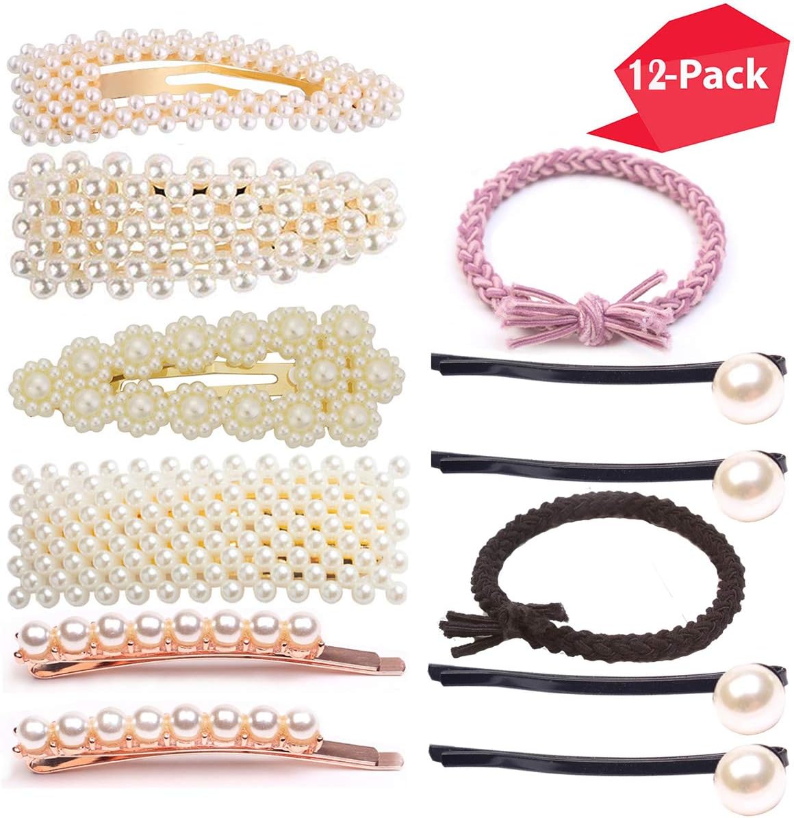 Pearls Hair Clips for Women Girls, Anysoso 12 pcs Large Bows/Clips/Hair Ties for Birthday Valentines Day Gifts Bling Hairpins Headwear Barrette Styling Tools Accessories