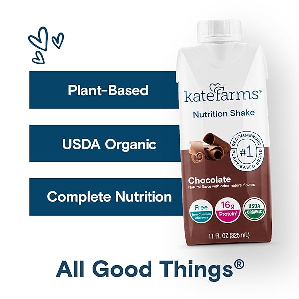KATE FARMS ORGANIC NUTRITION SHAKE, CHOCOLATE, 16G PROTEIN, 27 VITAMINS AND MINERALS, PROTEIN MEAL REPLACEMENT DRINK, PROTEIN SHAKE, 11 OZ (12 PACK)