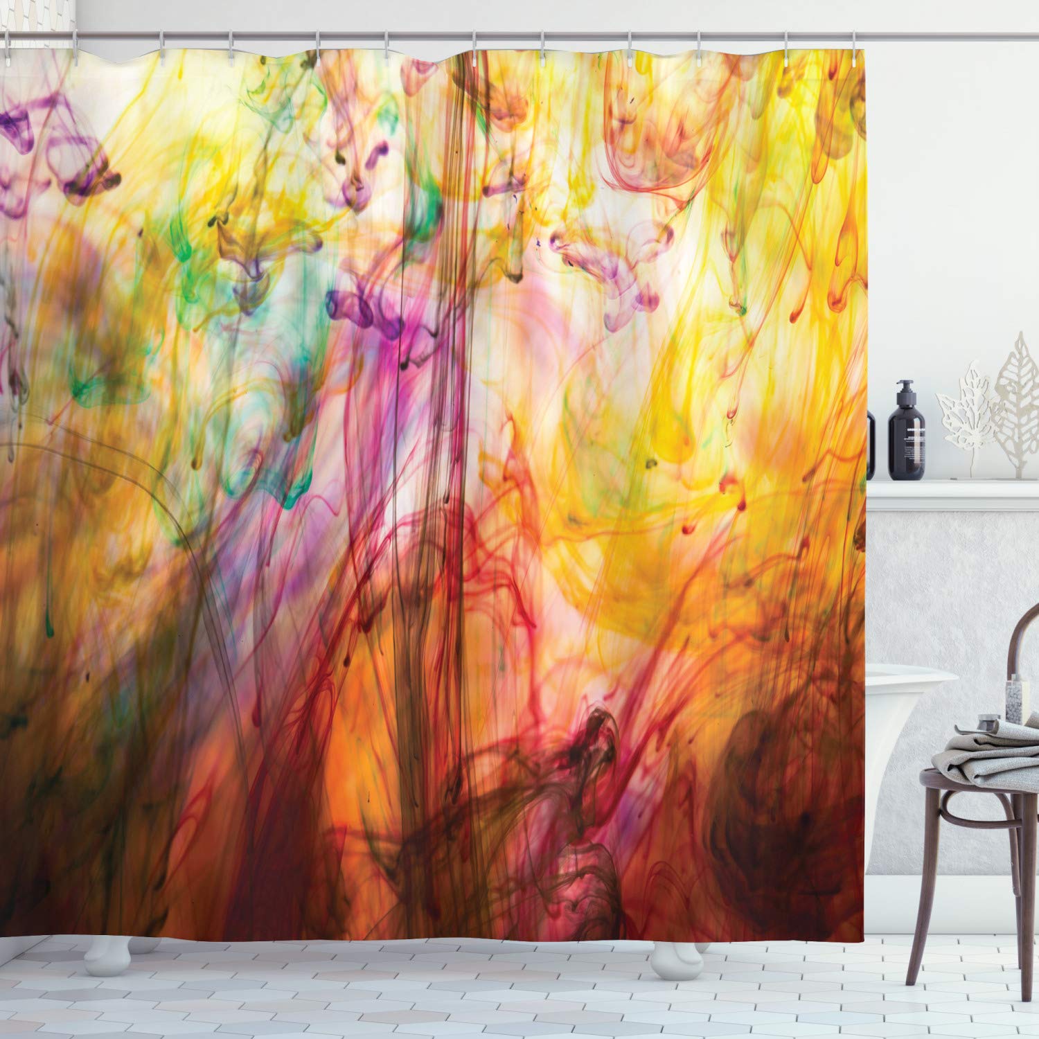 ABAKUHAUS Modern Shower Curtain, Rainbow Water Painting Colored on a Canvas Painting Like Vision Image Print, Cloth Fabric Bathroom Decor Set with Hooks, 94 Inches, Multicolor