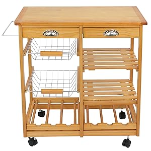 ZENSTYLE 4-Tier Rolling Kitchen Island Trolley Utility Wood Kitchen Storage Cart Microwave Cart w/Towel Rack, Drawers, Shelves, 6 Bottle Wine Rack