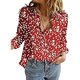 Dokotoo Women's Casual V Neck Alicia Floral Print Roll Up Long Sleeve Chiffon Button Down Blouses Bohemian Top Shirts