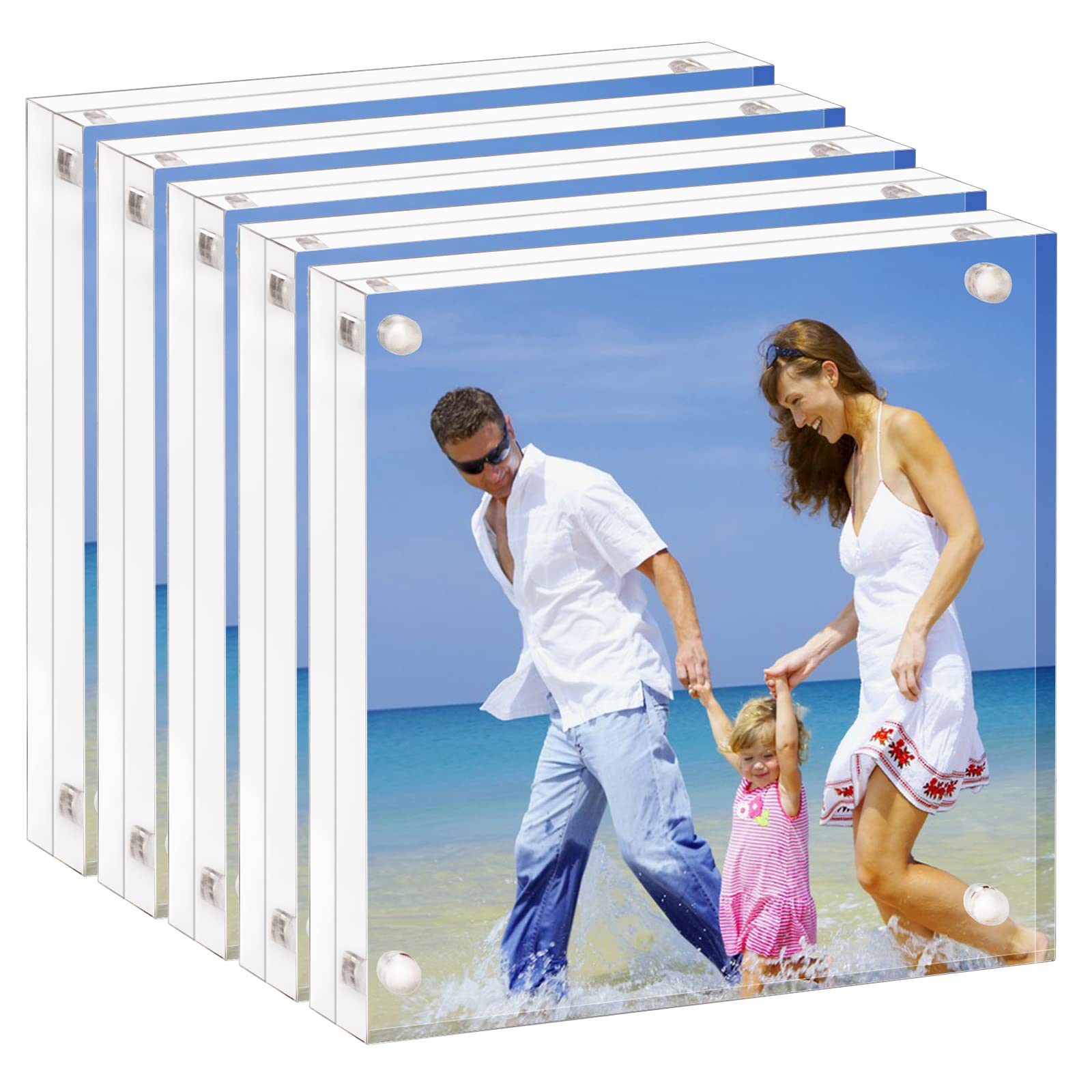 Acrylic Picture Frame 10x10 cm (4x4 inch), Clear Double Sided Block Acrylic Photo Frames, Desktop Frameless Magnetic Photo Frames - 5 Pack