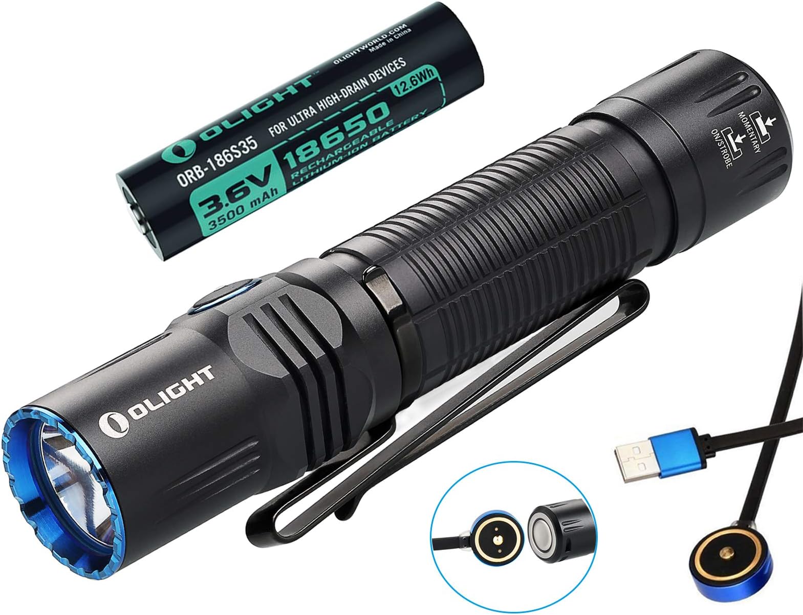 SKYBEN Olight M2R 1500 Lumen Cree XHP35 HD LED USB Magnetic Rechargeable Dual switches Tactical Flashlight,with Magnetic Charging Cable,Customized 18650 Battery Accessory