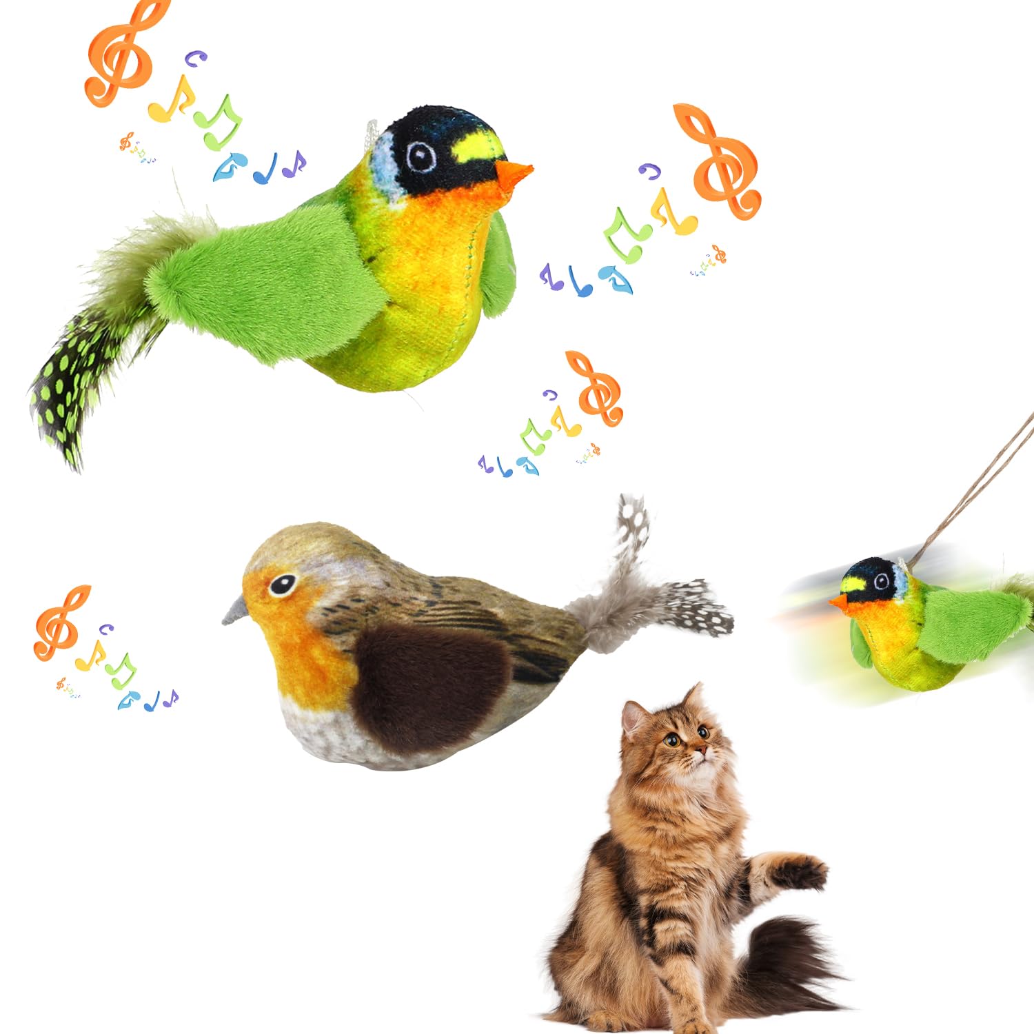 2PCS Chirping Bird Cat Toy, Cat Bird Toys with Elastic Rope, Simulation Bird Design, Interactive Toys for Indoor Kitty Kitten Exercise, Suitable for indoor/outdoor cat exercise（Grey-Orange + Green）