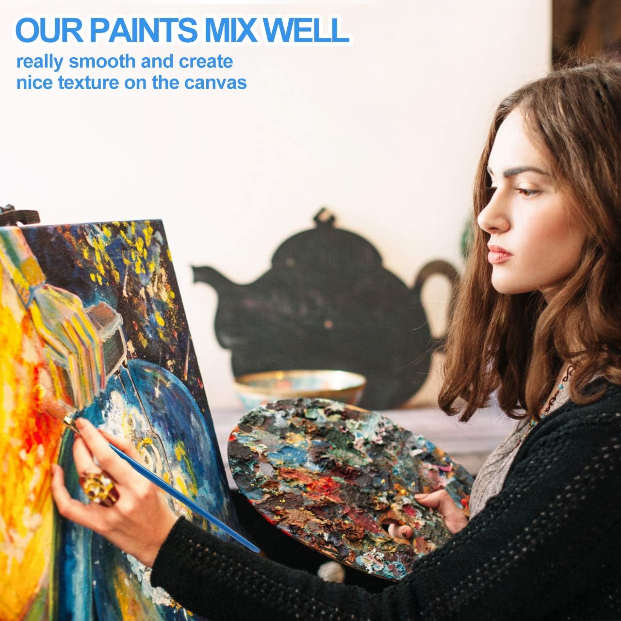 Acrylic Paint Set, Emooqi 24(12ml/0.4oz) Rich Pigment Colors, with 11 Art Brushes, Paint Palette & Painting Canvas - Quick Dry Paints for Hobby Painters & Kids, Canvas Wood Rock Ceramic Paint