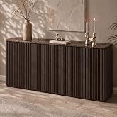 64" Fluted Sideboard Buffet Cabinet with Faux Marble Top, Dark Walnut | Wood Credenza with Storage Shelves, Modern Console Table for Coffee Bar, Dining Room, Kitchen, Living Room &amp; Entryway