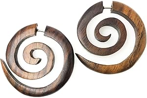 UMBRELLALABORATORY Tribal Organic Wooden Earrings - Fake Gauge Hippie Natural Black Brown Wood Faux Plugs Tapers - Emo Goth Punk Spiral Gothic 316L Surgical Steel Hypoallergenic