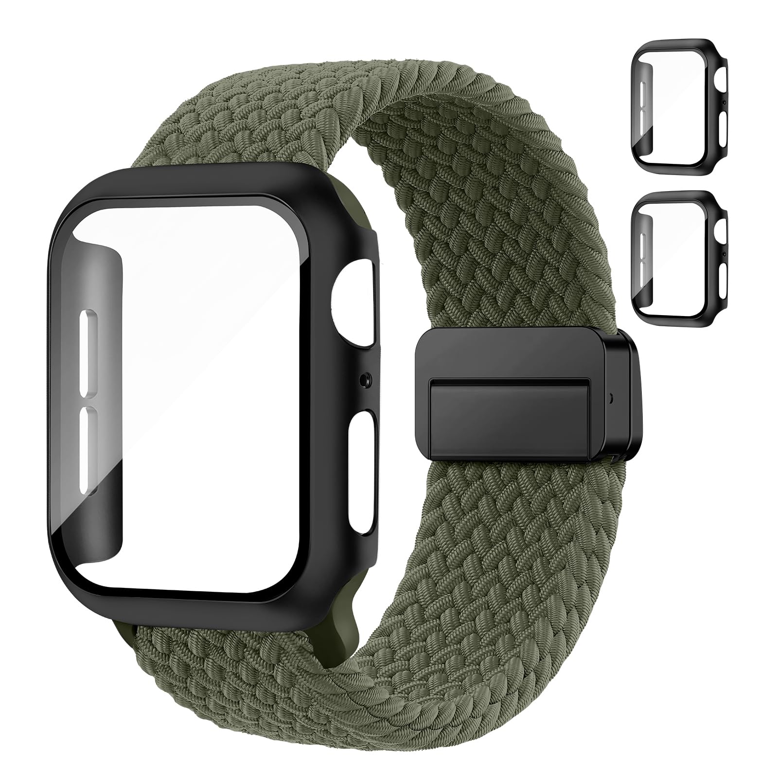 Braided Bands and Case for Apple Watch Bands for Women 40mm 44mm 46mm 42mm 45mm 41mm 38mm Men,Magnetic Nylon Sport Stretchy Solo Loop Elastic Strap with Cover for iWatch Series 11 10 9 8 7 6 5 4 3 SE