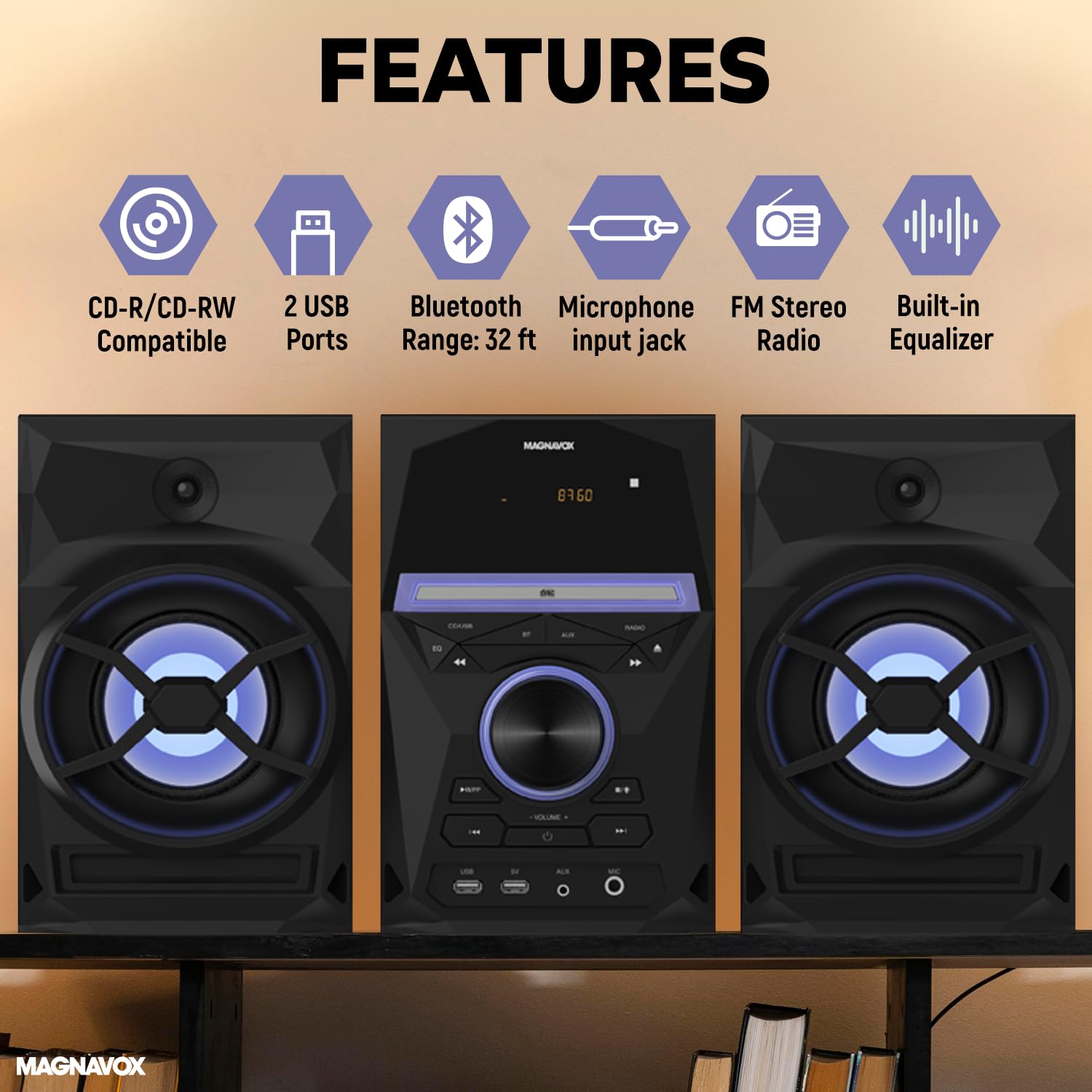 Magnavox 3-Piece CD Shelf System with Bluetooth, FM Radio, Remote Control, Colored Speaker Lights, LED Display, AUX Port - Black