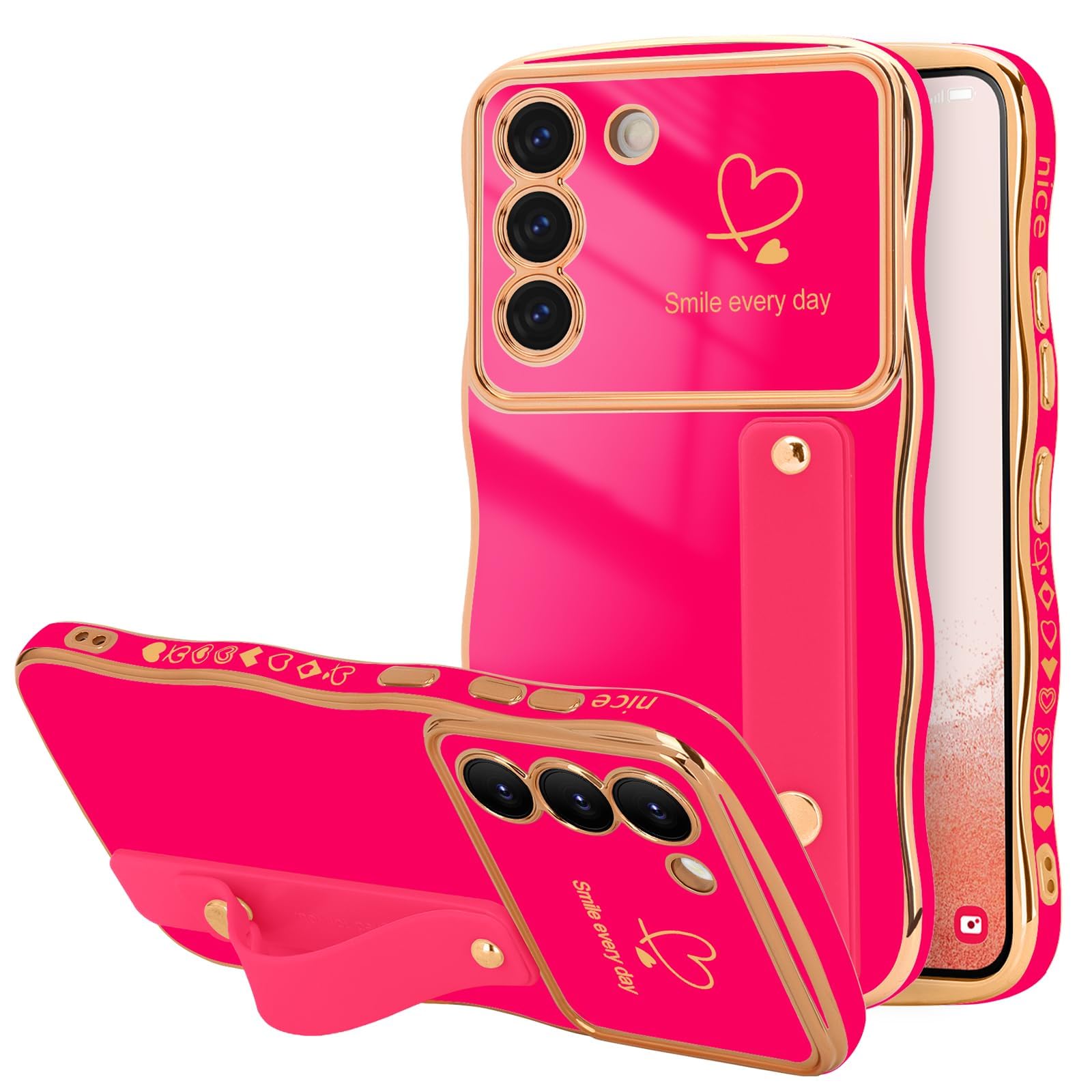 LLZ.COQUE for Samsung Galaxy S22 Plus Case for Women Girls Strap Cute Love Heart Plating Luxury Wave Frame Back Cover, Raised Camera Protection Shockproof Phone Case for Galaxy S22 Plus 5G, Hot Pink