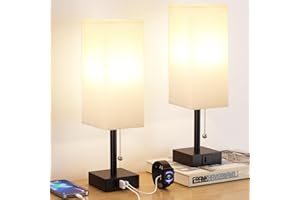 Bedside Table Lamp Set of 2-3 Color Temperatures Bedroom Lamps with Bulbs, Pull Chain Nightstand Lamp with USB A+C Charging P