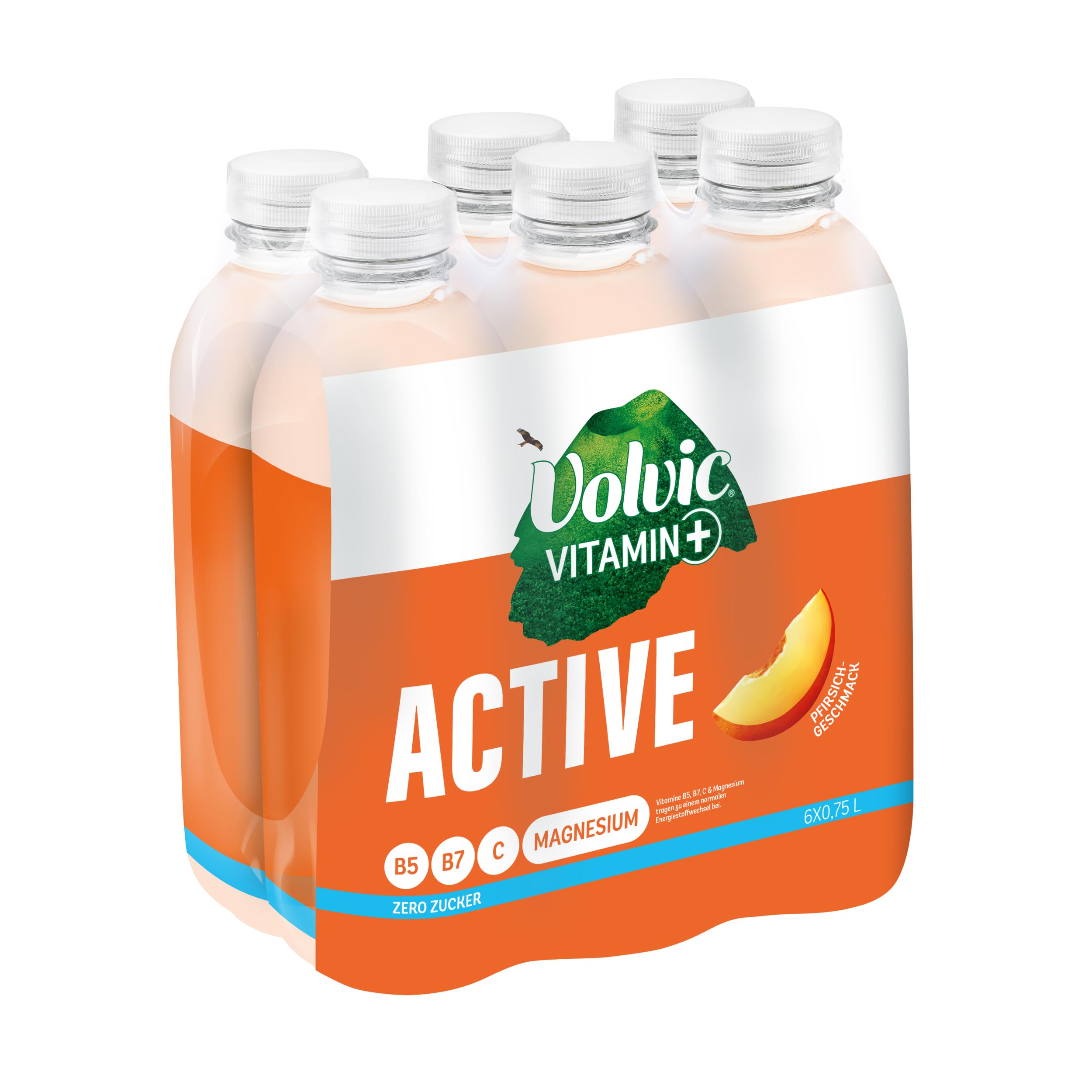 Volvic Vitamin+ Active Pfirsich – Erfrischungsgetränk mit Magnesium und Vitaminen – Ohne Zucker und ohne Kalorien – 6 x 0,75 l 6
