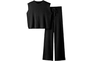 TIQOJE Womens 2 Piece Outfits Sweater Set Sleeveless Knit Pullover Top High Waisted Pants Tracksuits