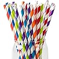 PakTalk [100 Pack] Paper Straws, 10 Assorted Bright Rainbow Striped Drinking Straws for Juice Cocktails Smoothies Cake Pop Sticks Birthday Wedding Christmas Party Decoration(0.24" x 8.27", 10 Colors)
