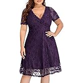 Plus Size Wedding Guest Purple Bridesmaid Cocktail Lace Semi Formal Graduation Knee Length V Neck Party Summer Dress