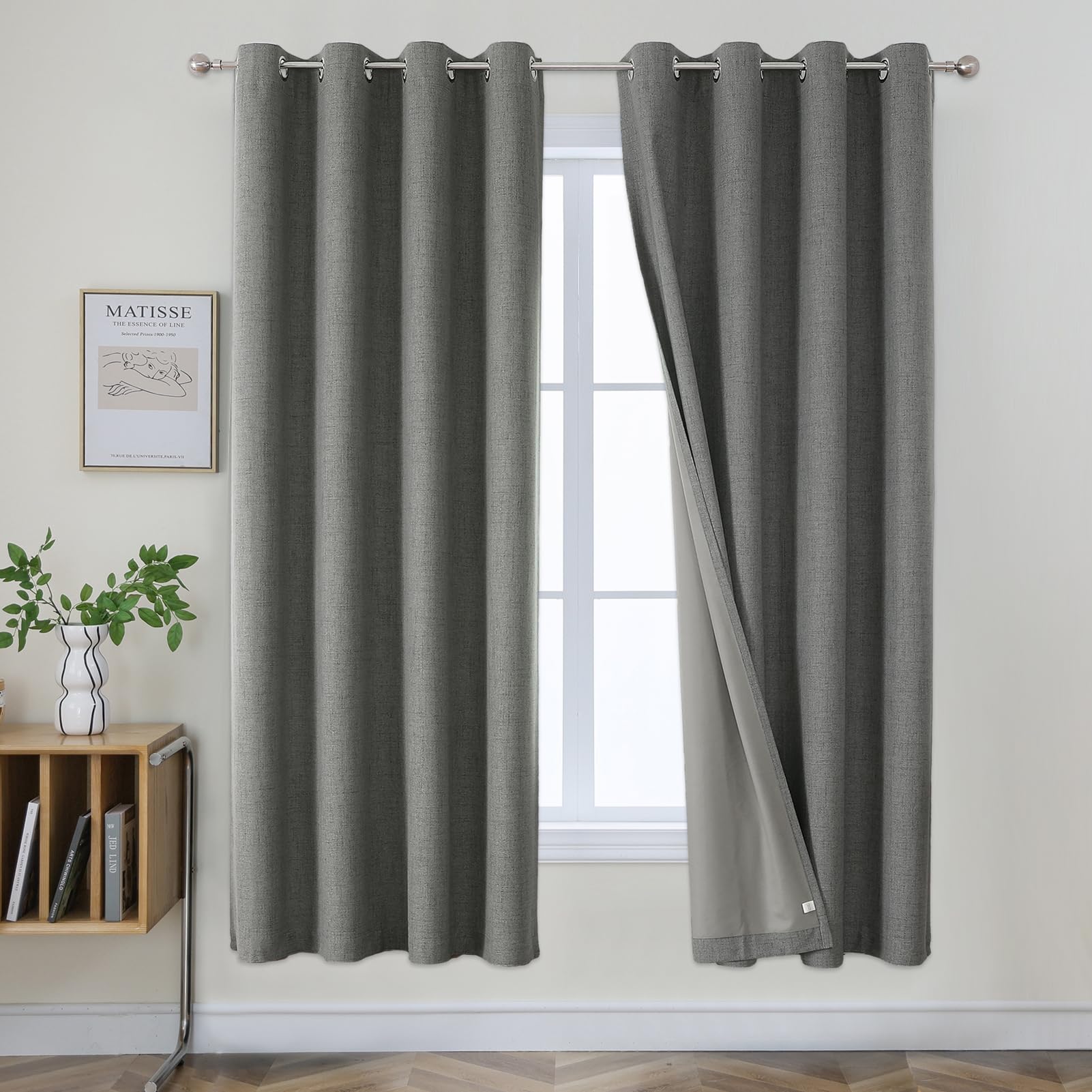 Joydeco 100% Blackout Lined Curtains Bedroom W55 x L69 Inch Drop, Faux Linen Textured Thermal Insulated Eyelet Grey Curtains with Coating Back Layer for Living Room Bedroom - 2 Panels