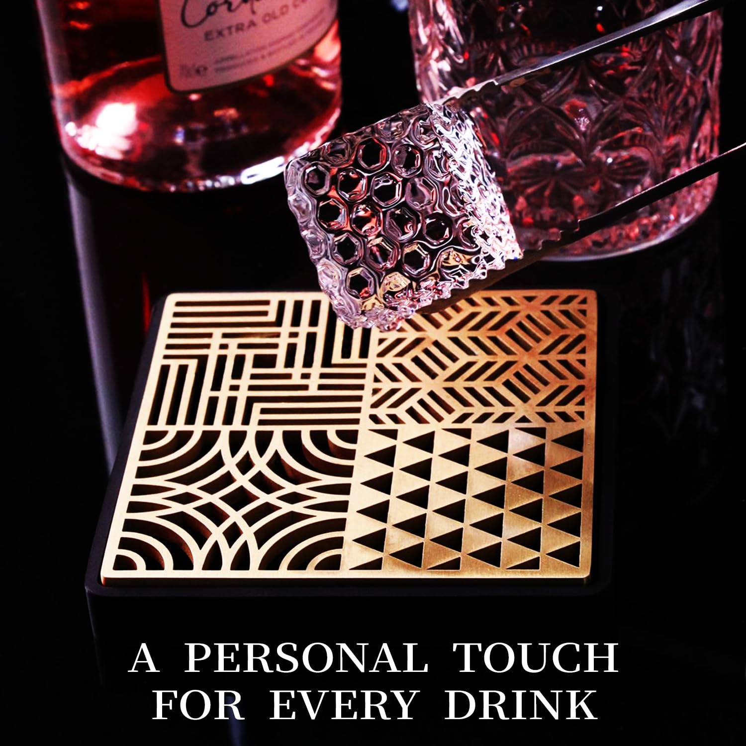 Ice Stamp Tray for Cocktails & Whiskey - Brass Ice Cube Imprinter for Clear Ice Cubes -Ice Press Craft Modern Ice Molds Stamps-A Style