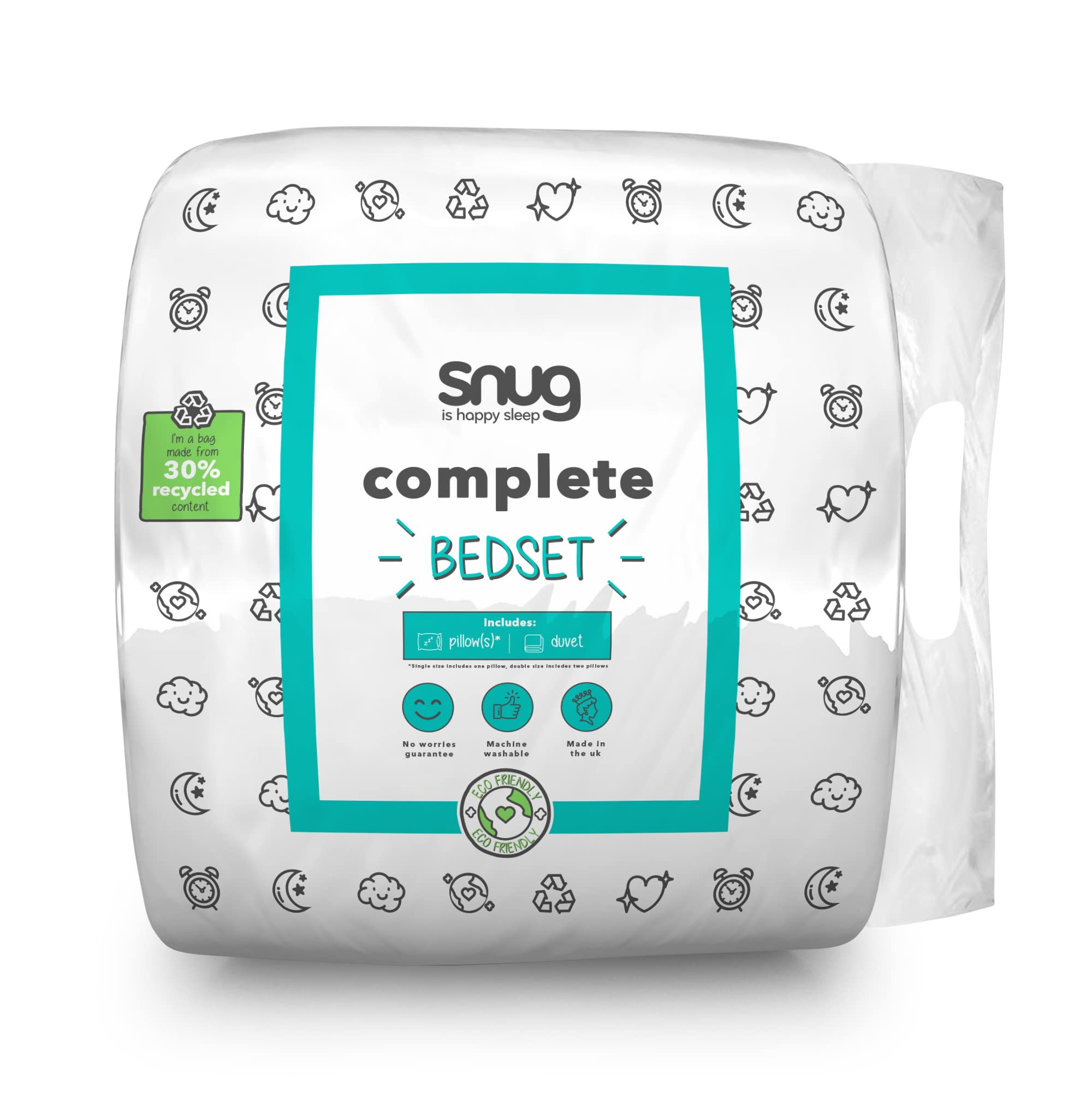 Snug Complete Pillow and Single Duvet Set - Eco Friendly 10.5 Tog All Season Duvet Quilt with Soft Medium Support Pillows - Hypoallergenic and Machine Washable - Single