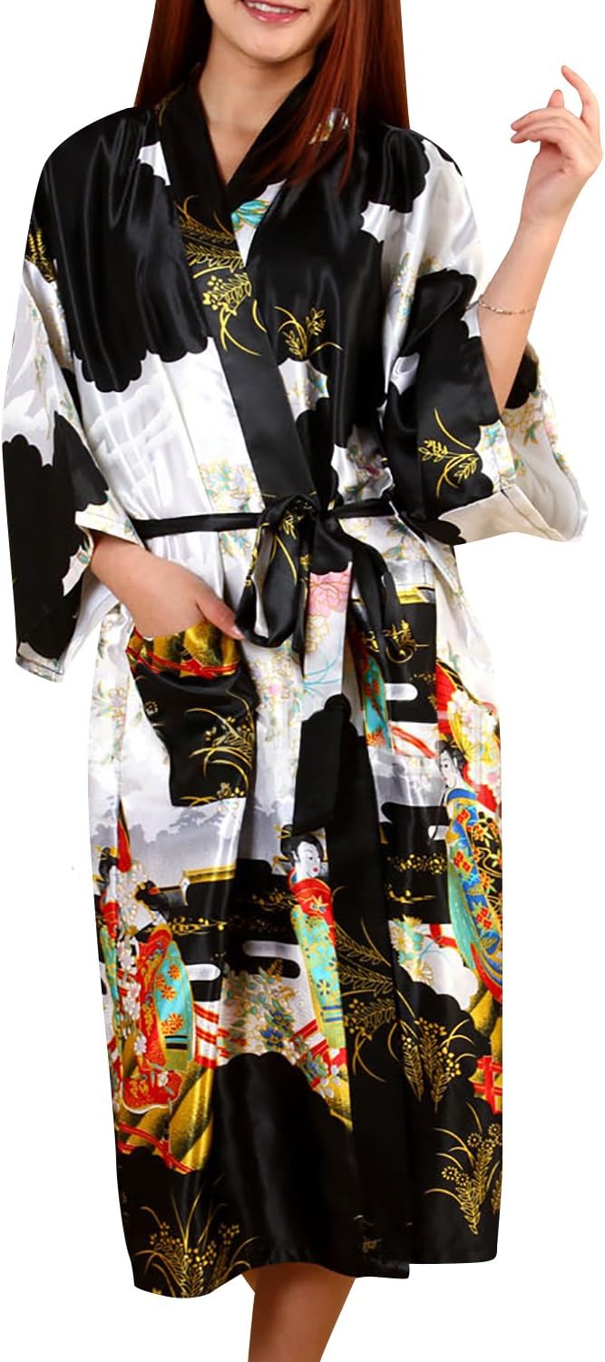 DolamenWomen's Dressing Gown Kimono, Silk Satin Geisha and Blossoms Robe Bathrobe Bridesmaid Nightwear Pyjamas, Long Style & 2017 (X-Large, Black)