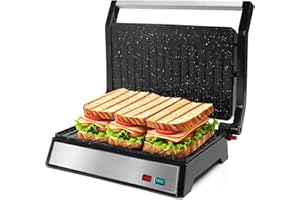 Aigostar Panini Press, 1200W Sandwich Maker and Electric Indoor Grill with Ceramic Non-Stick Coated Plates, Opens 180°to Fit Any Size of Food, Stainless Steel Surface & Removable Drip Tray, Silver