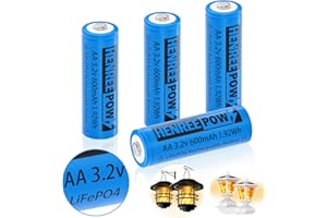 Henreepow 3.2v AA 600mAh Rechargeable Battery, LiFePo4 Double A Rechargeable Battery Low Self-Discharge, 3.2v Rechargeable Batteries for Solar Lights, Wall Lantern, Solar Post Lights（AA-3.2v-600mAh）