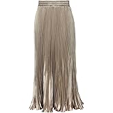 ebossy Women's Boho Satin Metallic Pleated Accordion Skirts Elastic High Waist Flowy A Line Shirring Maxi Long Skirt (One Size, Champagne)