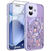 Fsoole Magnetic for iPhone 17 Case with Screen Protector [Compatible with MagSafe] Pretty Flower Floral Pattern Design, Shockproof Slim Cover for Women Girls, Purple