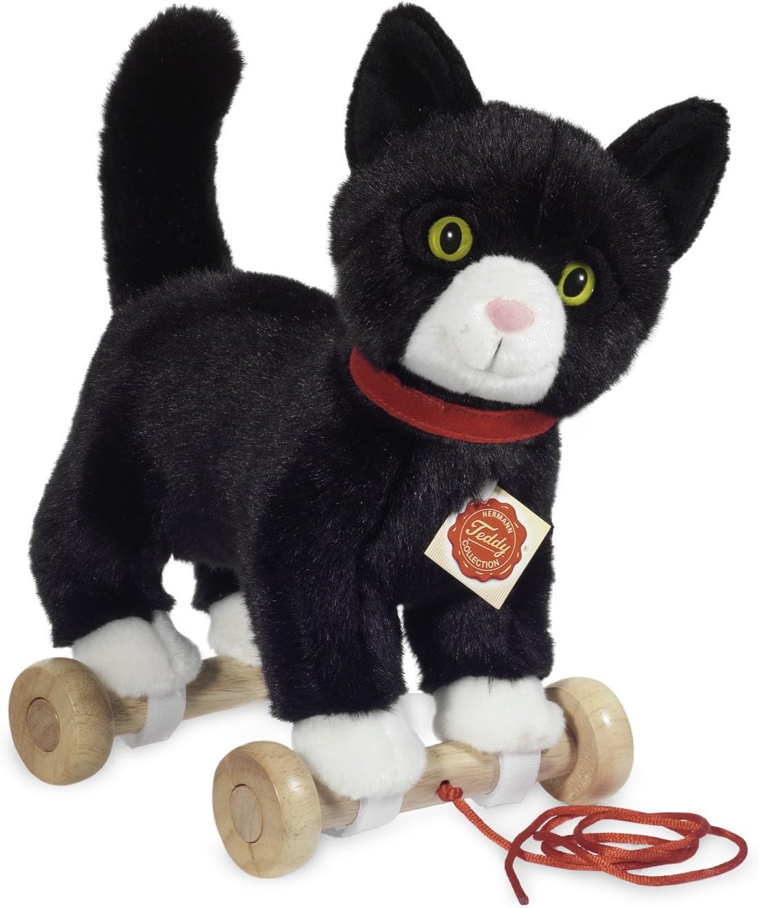 Plush Soft Toy Black & White Cat. Pull Along Toy on Wooden Wheels. 20cm.
