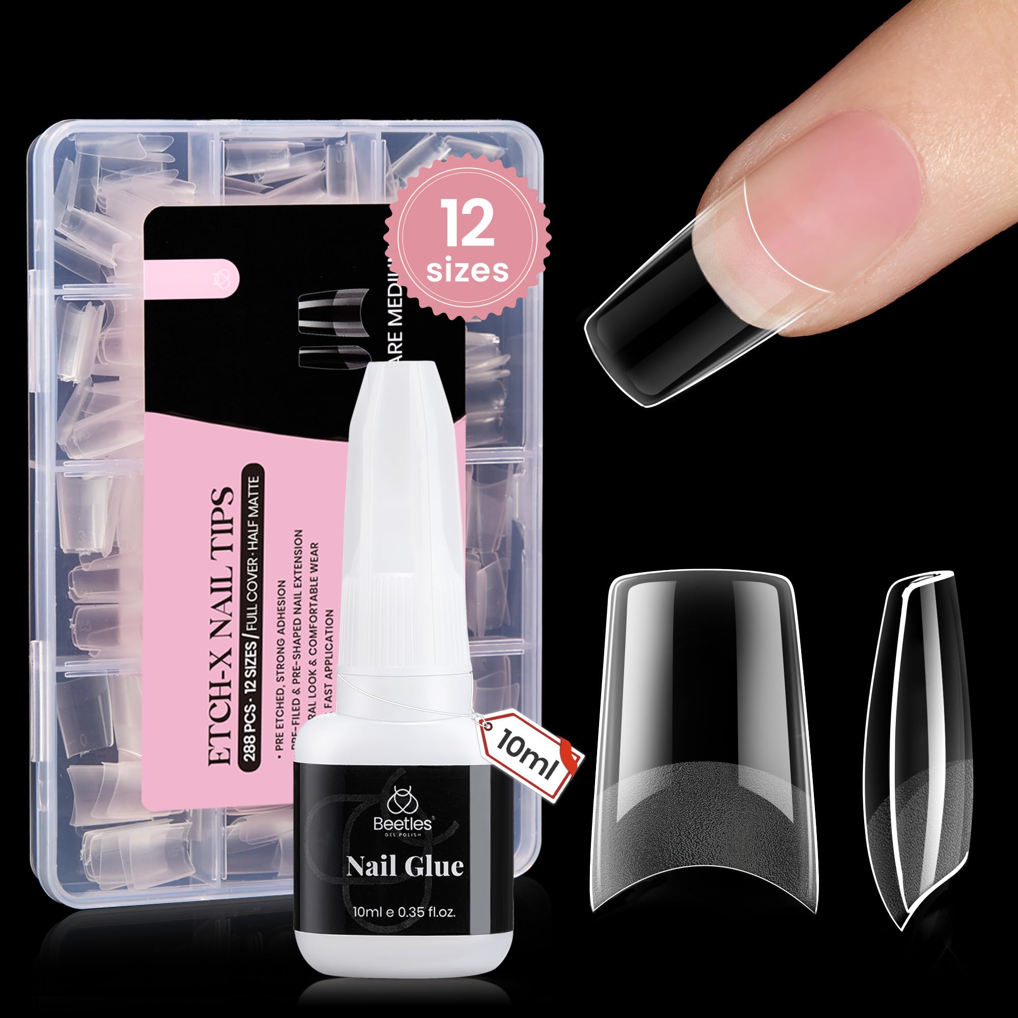 Photo 1 of Beetles Gel Nail Tips Kit Etch-X, Square Medium, 288Pcs 12 Sizes, with 10mL Nail Glue, Pre-Etched Half Matte Half Cover Soft Acrylic False Nail Kit for Home DIY Salon Art Fall Press on Nail Extension