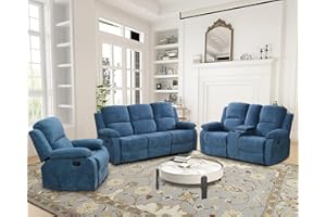 Plithzy Recliner Sofa Set Living Room Furniture, Microfiber Fabric Reclining Sofa Set, Recliner Couch Set with Cup Holders for Office Home (3 Piece Living Room Furniture Set, Blue)