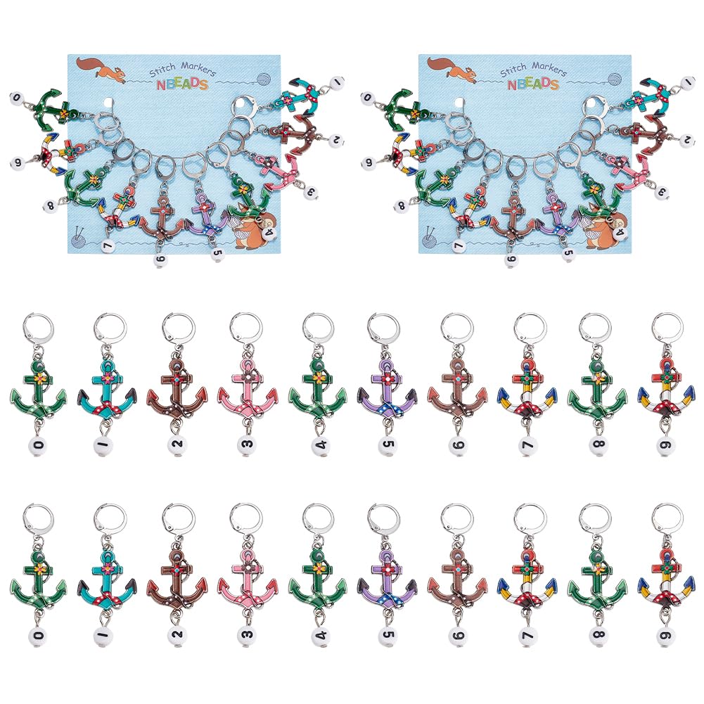 NBEADS 20 Pcs Anchor Stitch Markers, Number Beads Alloy Crochet Stitch Marker Charms, Removable 304 Stainless Steel Clasps Locking for Knitting, Weaving, Sewing, Jewelry Making