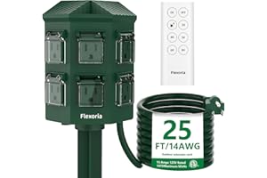 Flexoria Outdoor Power Stake Timer, Remote Control Dusk to Dawn Light Timer, 25FT Extension Cord Waterproof, 6 Grounded Outlets for Outdoor Christmas Decorations, ETL Listed