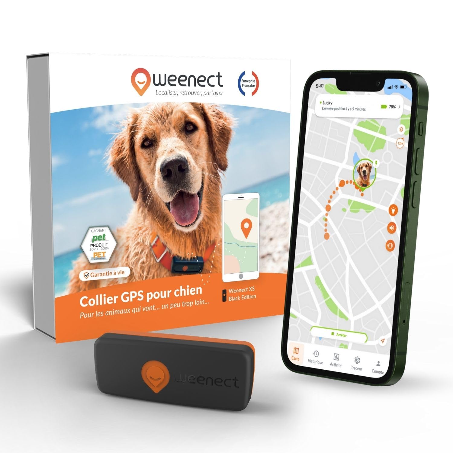 Weenect Chien XS - Mini Traceur GPS pour Chien | Suivi en Temps réel | Etanche | Plus Petit modèle du marché | Fonctionne avec abonnement | Garantie à Vie