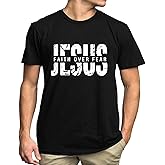 Christian Shirts for Men Jesus Faith Over Fear Tshirt Inspirational Bible Verse Graphic Tees Tops