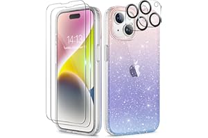 TIESZEN 5 in 1 Compatible with iPhone 15 Case Glitter, with 2X Screen Protector + 2X Camera Lens Protector, [Non-Yellowing] Clear Sparkle Slim Shockproof Phone Cover for Women 6.1 Inch, Gradient