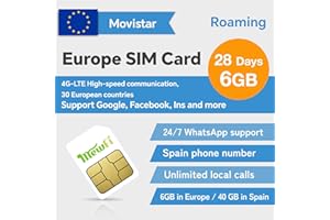 MEWFI Movistar Europe SIM Card with Spanish Phone Number, 28 Days 6GB in Europe, 40 GB in Spain – Easy Activation & 24/7 Whatsapp Support, 4G, Unlimited Local Calls – Compatible with Unlocked Phones