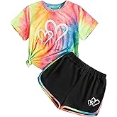 BEAUDRM Girl's 2 Piece Tie Dye Heart Print Round Neck Short Sleeve Tee Top and Track Shorts Sets Casual T Shirt Tracksuit