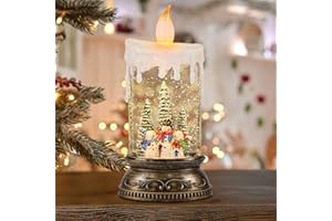 DRomance Musical Snow Globe Lantern with 6H Timer, Battery Operated & USB Powered Lighted Singing Snow Globe Candle Lamp Spinning Water Swirling Glitters Holiday Decor-Snowman Family