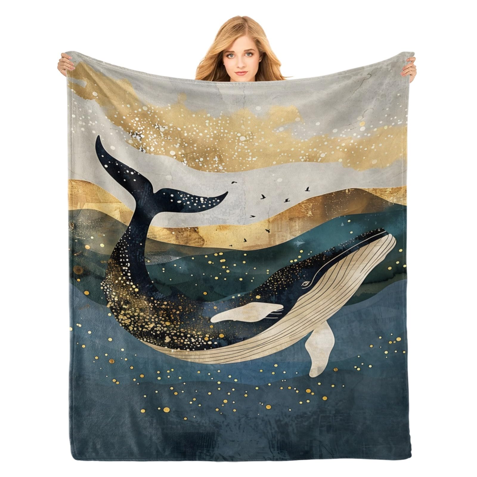 Photo 1 of PINKBAY Whale Flannel Throw Blanket, 50×60in - 340GSM Cozy Lightweight Thick Golden Blue Whale Blanket - Christmas Birthday Gifts for Women, Men and Kids Bedroom Living Room Couch Sofa Decor