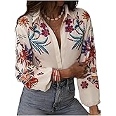 RoseSeek Women's Boho Graphic Collared Blouses Silky Tops Dressy Casual Bishop Sleeve Button Down Shirts