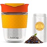 SoleCup. Travel Mug Loose Tea Infuser - Detachable Tea Strainer with Spillproof Lid - BPA-Free Reusable Glass Travel Coffee Cup with Silicone Band (Red, 12oz)