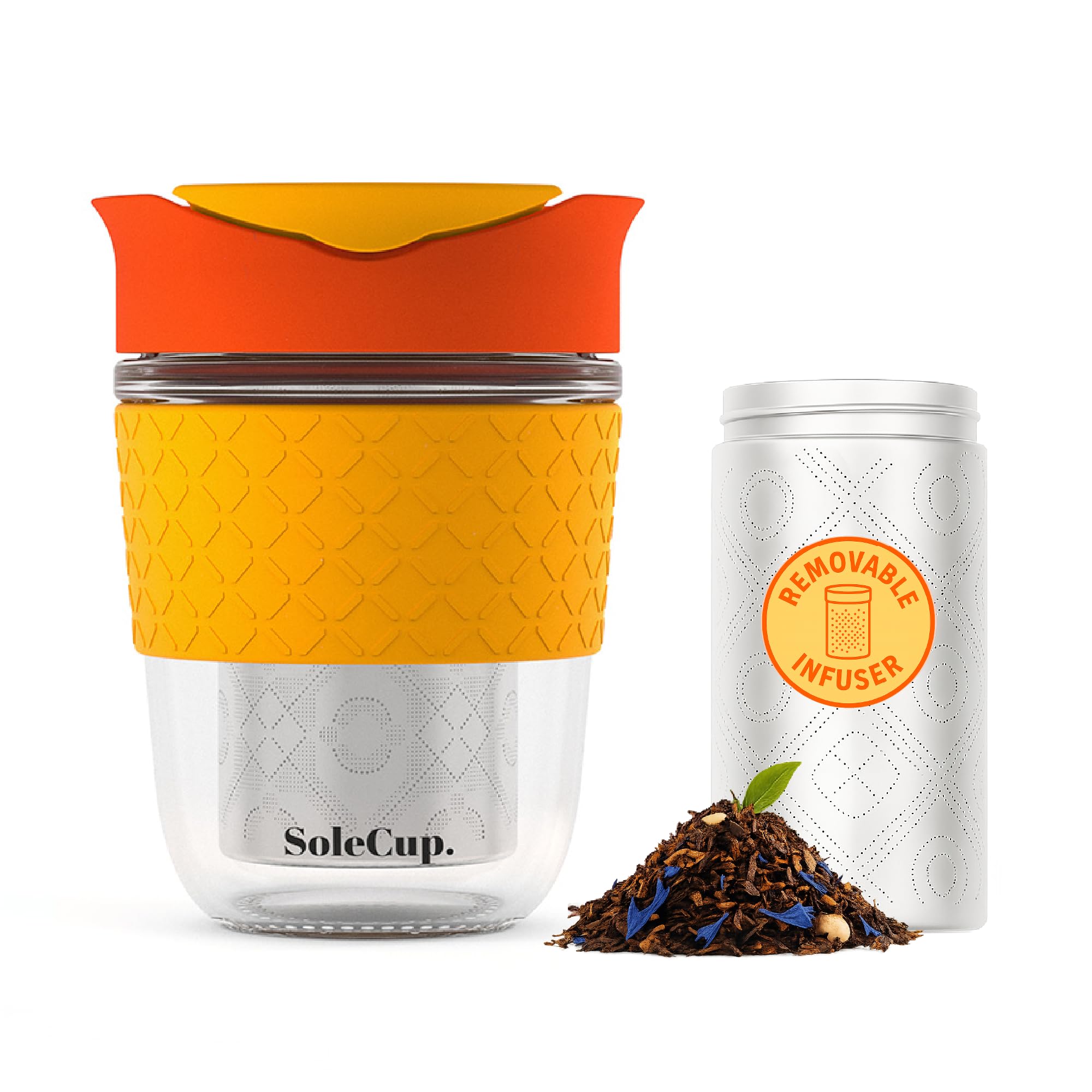 SoleCup. Travel Mug Loose Tea Infuser - Detachable Tea Strainer with Spill Proof Lid - BPA-Free Reusable Glass Travel Coffee Cup with Silicone Band (Red, 340ml / 12oz)
