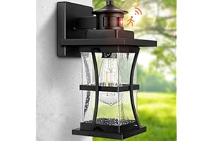 FRELII Motion Sensor Outdoor Wall Lights Fixture, Advanced Dusk to Dawn Exterior Lighting, Outside Light for House, Garage, Anti-Rust Waterproof Front Porch Lanterns Fixtures Wall Mount, Seeded Glass, Black