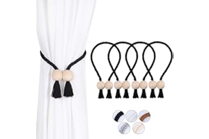 OCIOLI 4 Pack Strong Magnetic Curtain Tiebacks Black Curtain Holdbacks Outdoor Curtain Tiebacks Cotton Hand Woven Tie Backs Curtain Drapery Holdbacks Curtain Ties for Drapes (Black - Ball, 4)
