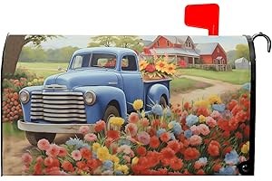 KCOZYDECOR Spring Blue Truck On The Farm Mailbox Covers Magnetic Standard Size 18" X 21",Colorful Spring Summer Floral Mailbox Wraps Post Letter Box Cover for Holiday Garden Yard Decor