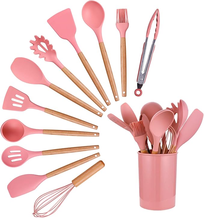 ArderLive - Juego de utensilios de cocina (12 piezas, silicona y madera