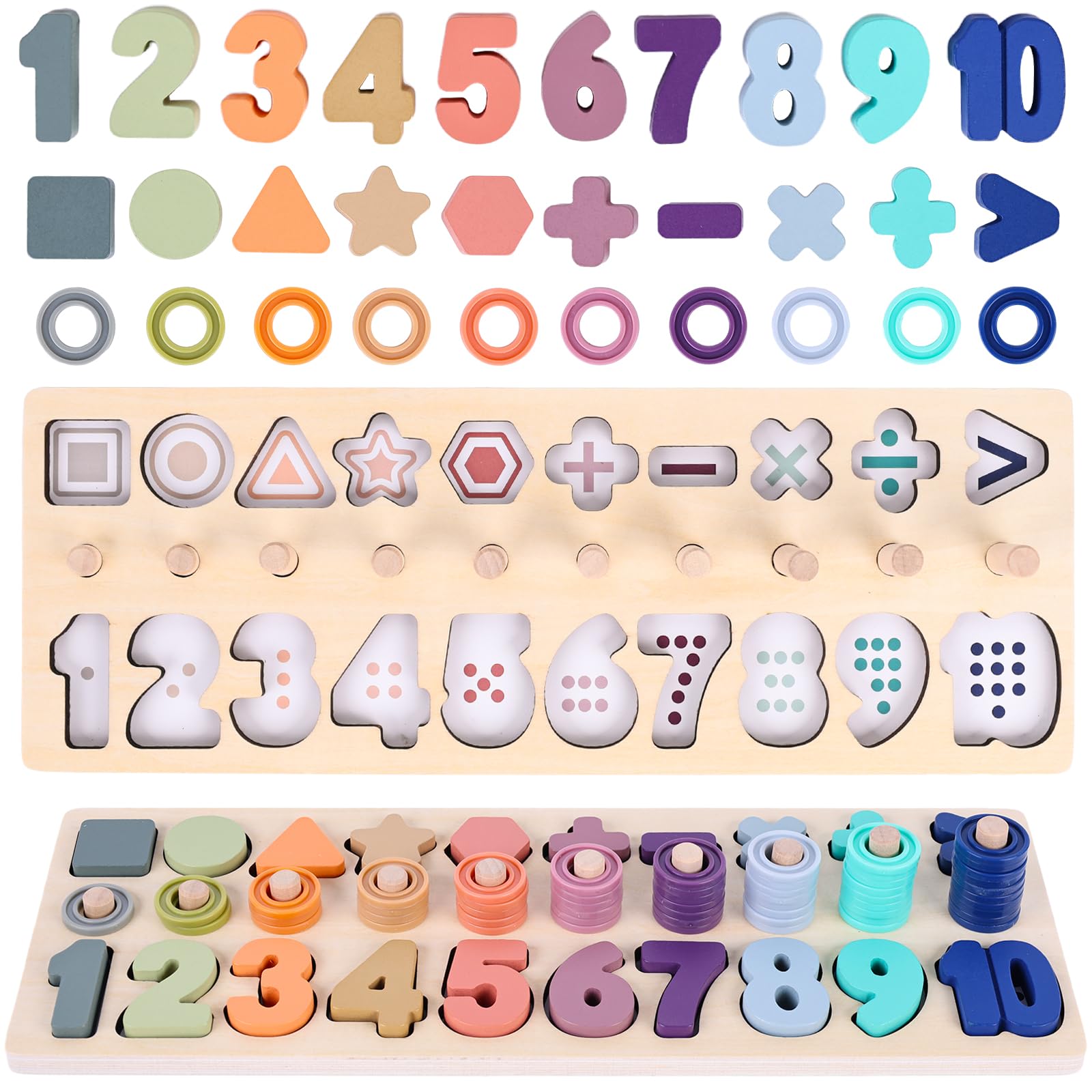 Photo 1 of LovesTown Wooden Number Puzzle, Shape Sorting Stacking Counting Game Montessori Toys for Kids Preschool Learning Toys for Boys Girls Birthday Gifts